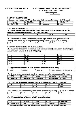 Thi sinh năng khiếu cấp trường năm học 2015  2016. lần 1 môn tiếng Anh 6